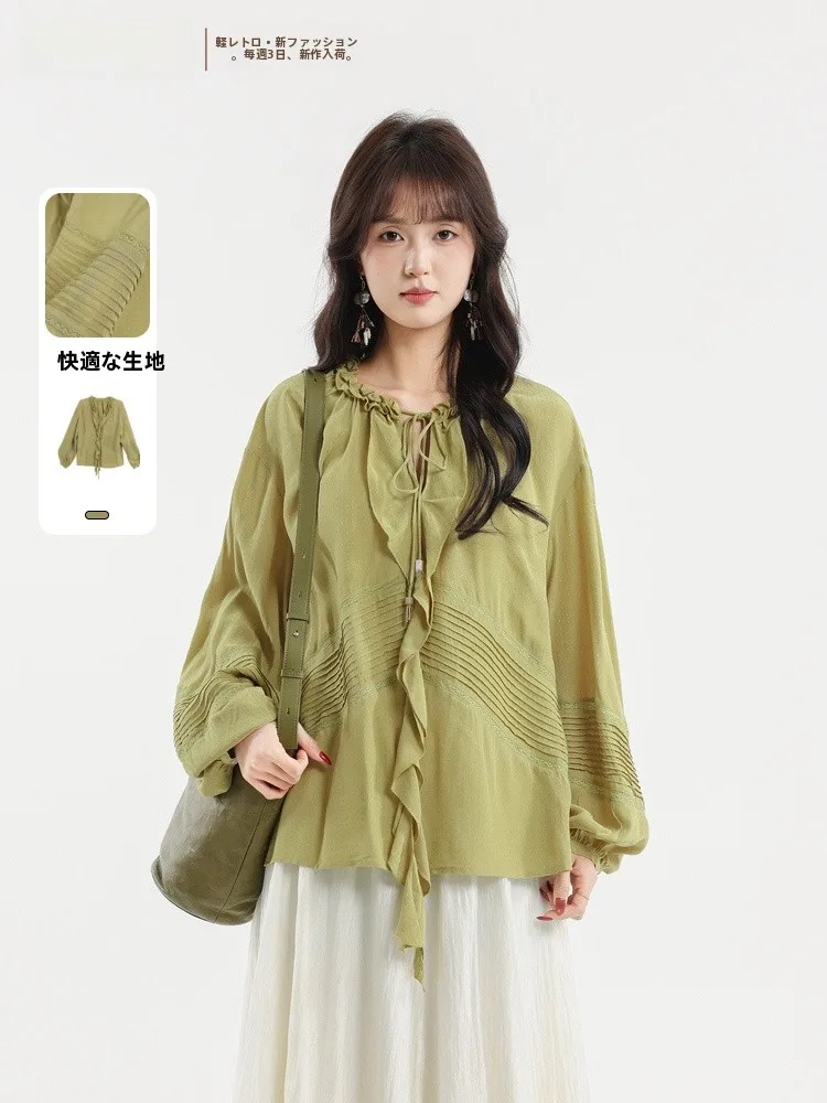 

Элегантная свободная женская рубашка с длинным рукавом Memory's Beginning 2026: Новинка лета, винтажный стиль, комфортная и дышащая