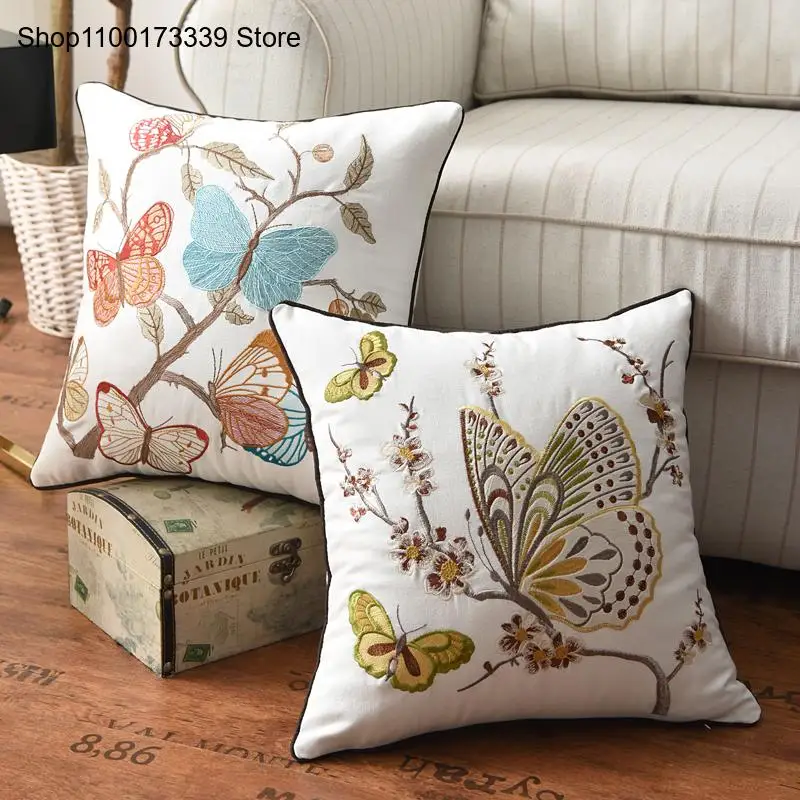 [Only Pillowcase] Chinese Style Countryside Flower Bird Butterfly Embroidery Cushion Living Room Cushion Cover Christmas
