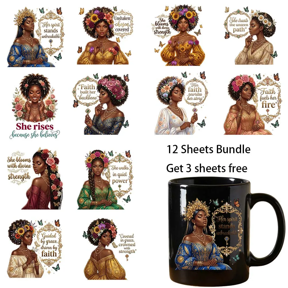 12 Bundle 4 inches Black women Faith Style Party DIY Decals 3D transfers uvdtf tumbler seal stickers 16oz uv dtf cup wraps