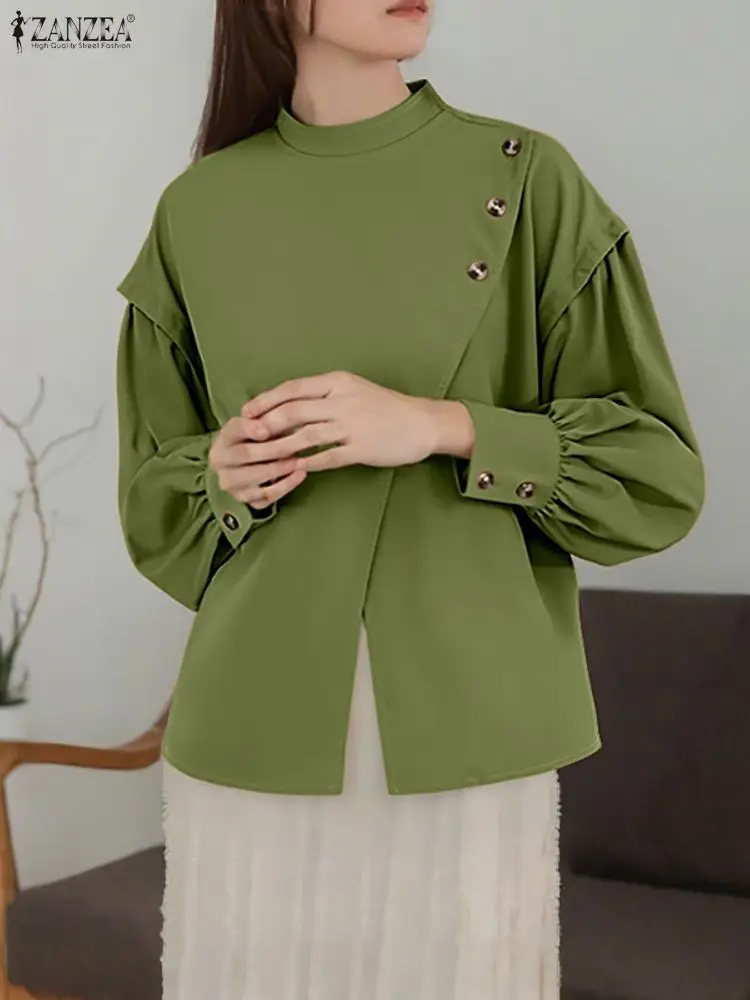 

Женские рубашки ZANZEA 2025, модная блузка с пышными рукавами и пуговицами, воротник-стойка, топы с длинными рукавами, стильные осенние однотонные элегантные OL Blusas