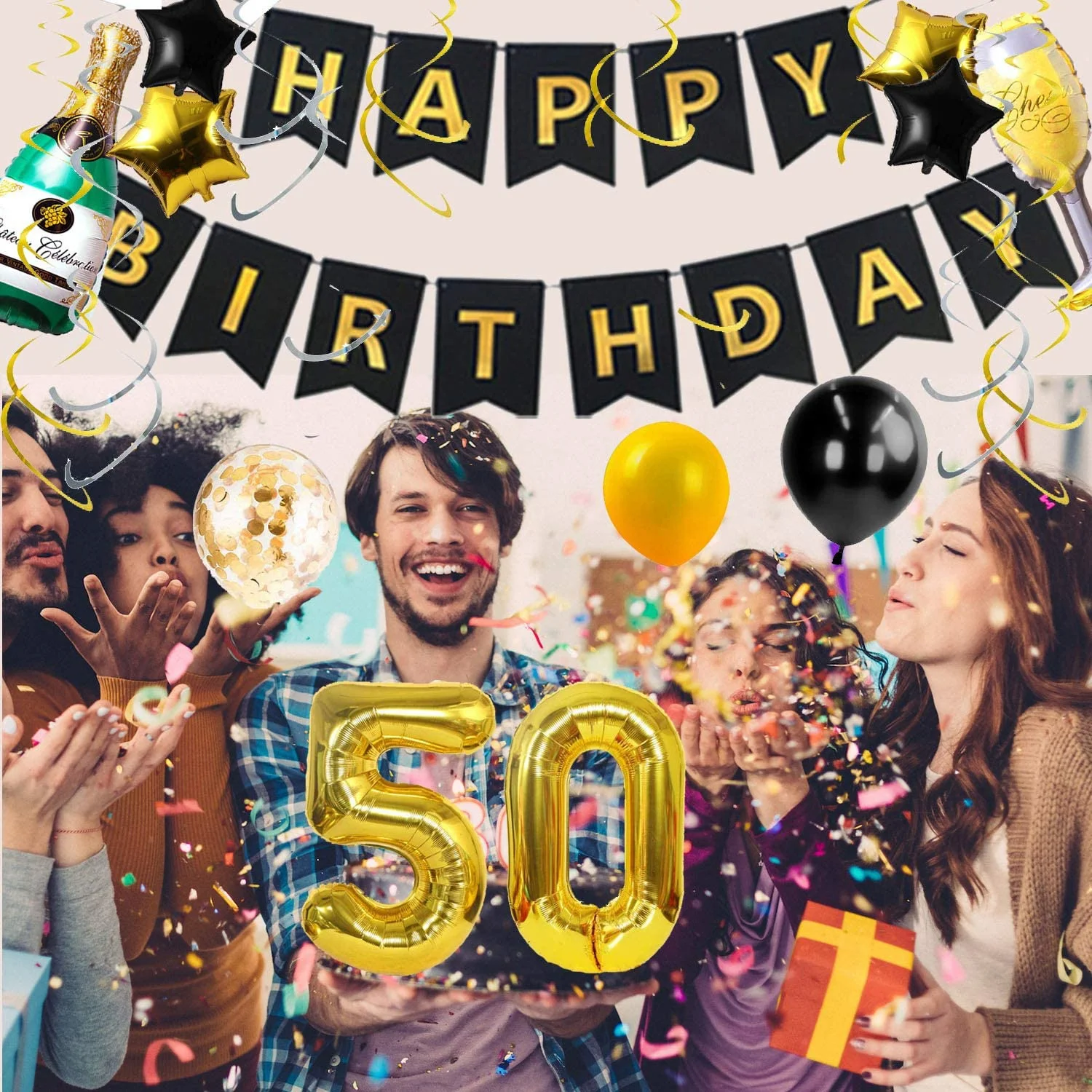 50 ปีตกแต่งแบนเนอร์หมายเลข 50 ชุดลูกโป่ง,สีดำทองแขวนหมุนปาร์ตี้ของชำร่วยของขวัญ,เชียร์ 50 ปี