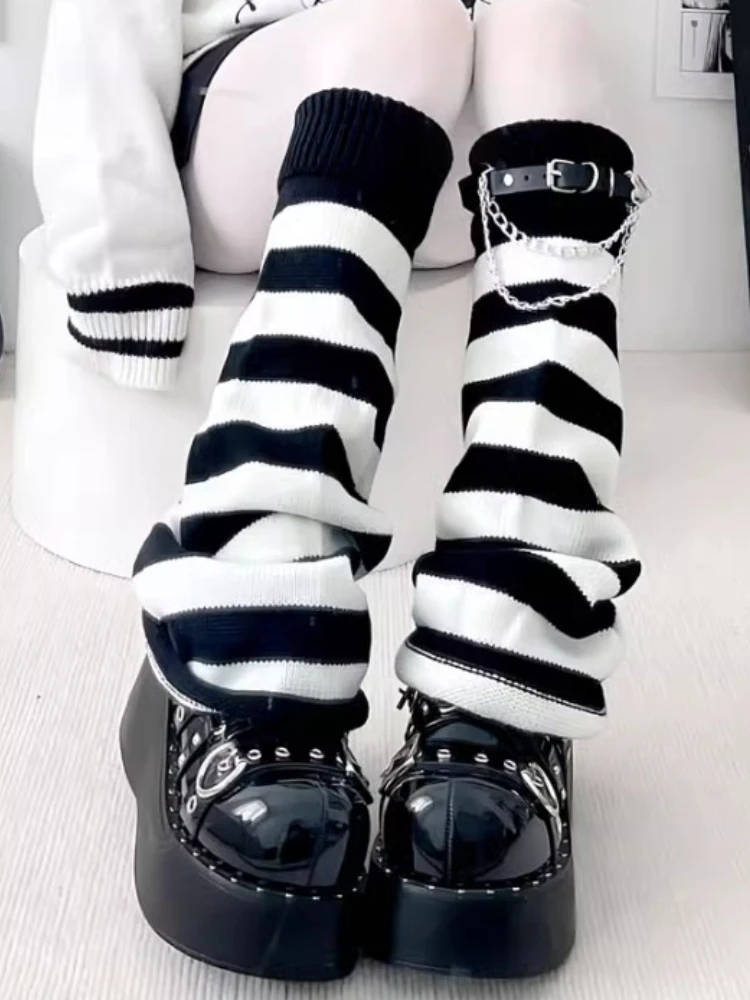 Y2K حار بنات JK ترهل الركبة عالية مكدسة الجوارب النسائية الخريف/الشتاء محبوك واسعة الساق مخطط العجل متوهج الكفة تدفئة الساق #4