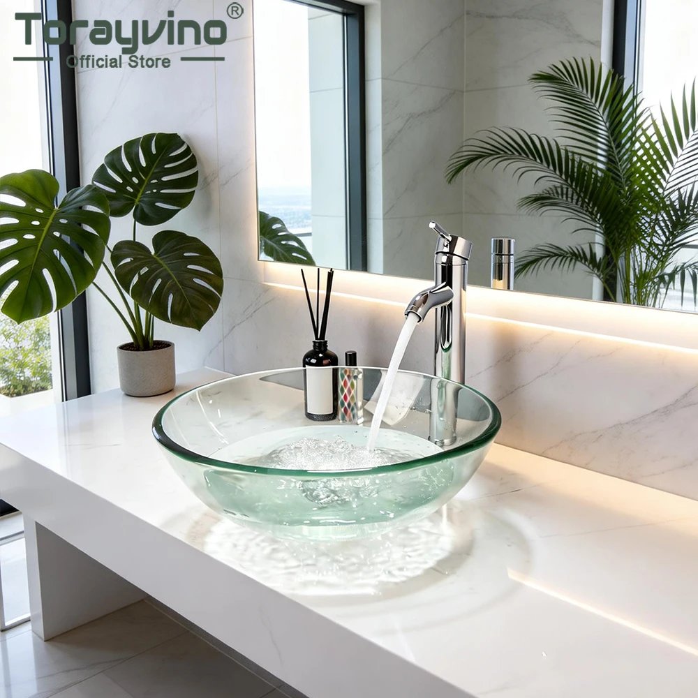 Torayvino Round Bowl Bathroom Washbasin Faucet Set Transparent Tempered Glass Vessel Basin Faucets Mixer Water Tap W/ Pup Drain
