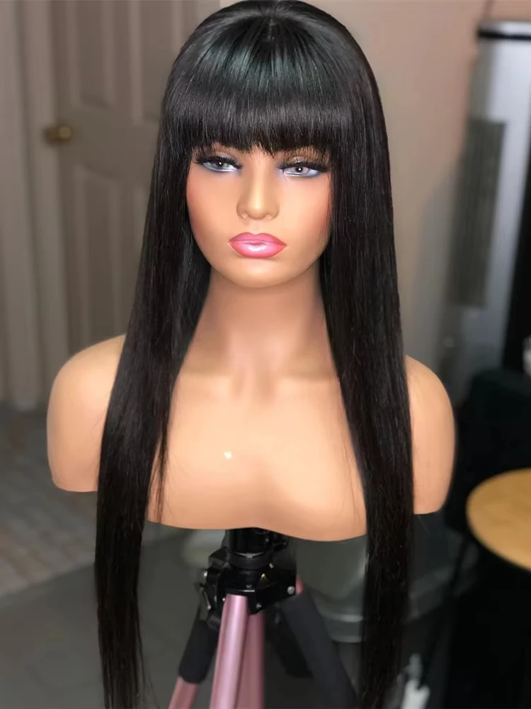 Varlea 200% Density Full Woven With Bangs Wig Straight Human Hair Wigs No Lace Wig Black Wig Short Bob Human Hair Wigs Brazilian