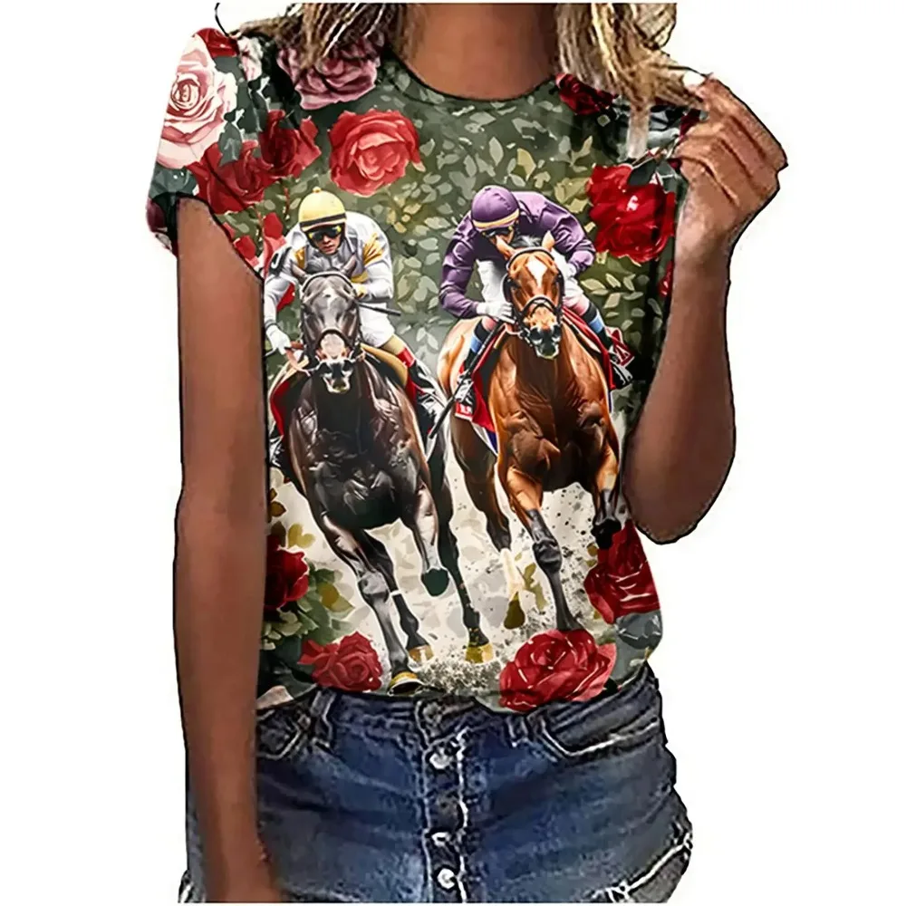 Women's T-Shirts Horse Racing Graphic 3D Printed New O-Neck Short Sleeve T Shirt Y2k Harajuku Tees Tops Female Pullover Clothing