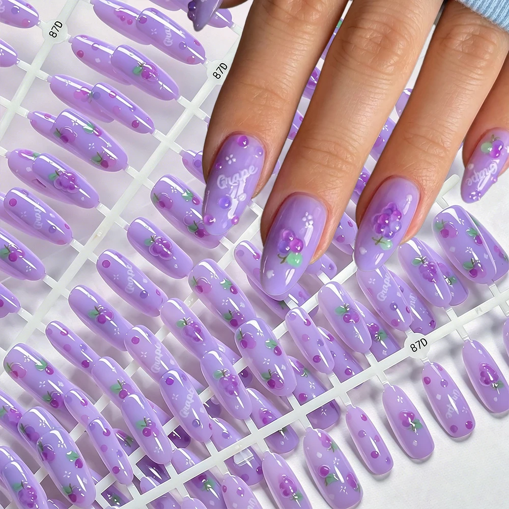 150Pcs Purple Grape Mid-length Almond False Nail Patches Summer Fruit Grapes Design Press on Nails Full Cover Acrylic Fake Nail