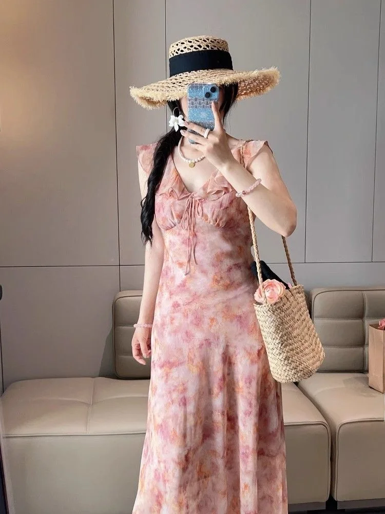 Summer Unique Pink Floral Print V-Ne Svel Long Dr Tea Break Holiday Sle High Waist A-Line Gown Commute Friendly