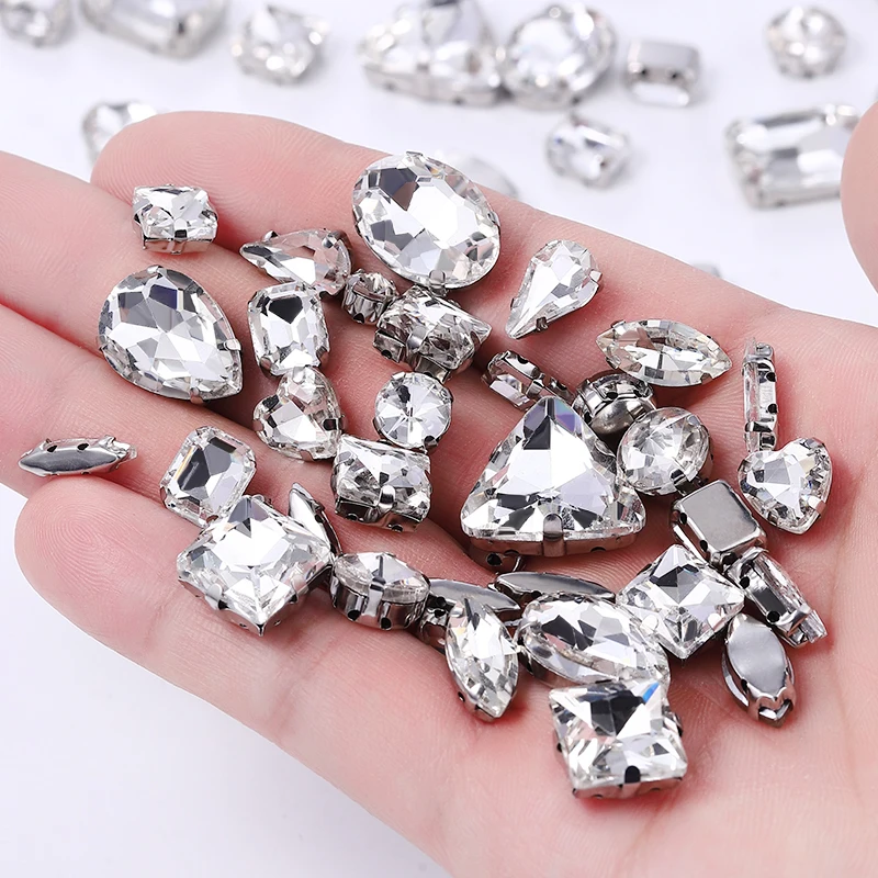 QIAO Mehrfachform Gemischte Größen Glas-Aufnähstränen Flache Rückseite Klare Kristallsteine für Hochzeitskleid-Accessoires – Detail 4