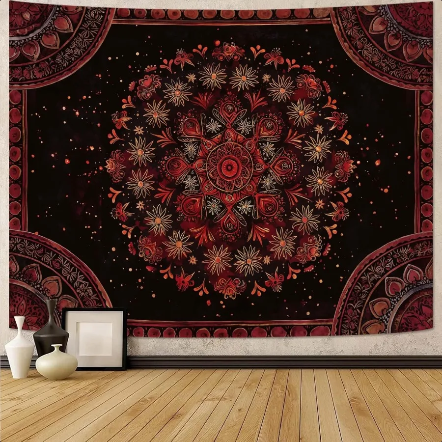 

Boho Mandala Tapestry Wall Hanging Hippie Bohemian Floral Flower Medallion Tapestry Aesthetic Large Black Red Indian Tapestrie