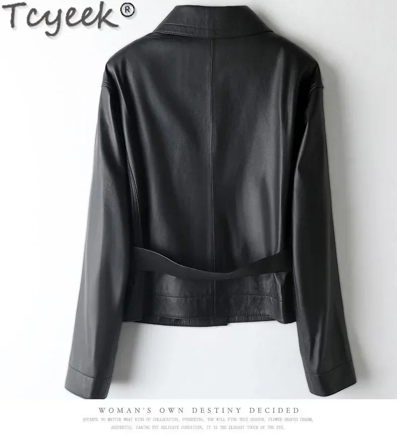 Tcyeek-abrigo de piel de oveja auténtica para mujer, chaqueta ajustada de cuero Natural negro, chaquetas de motocicleta con cinturón, primavera y otoño, 2023