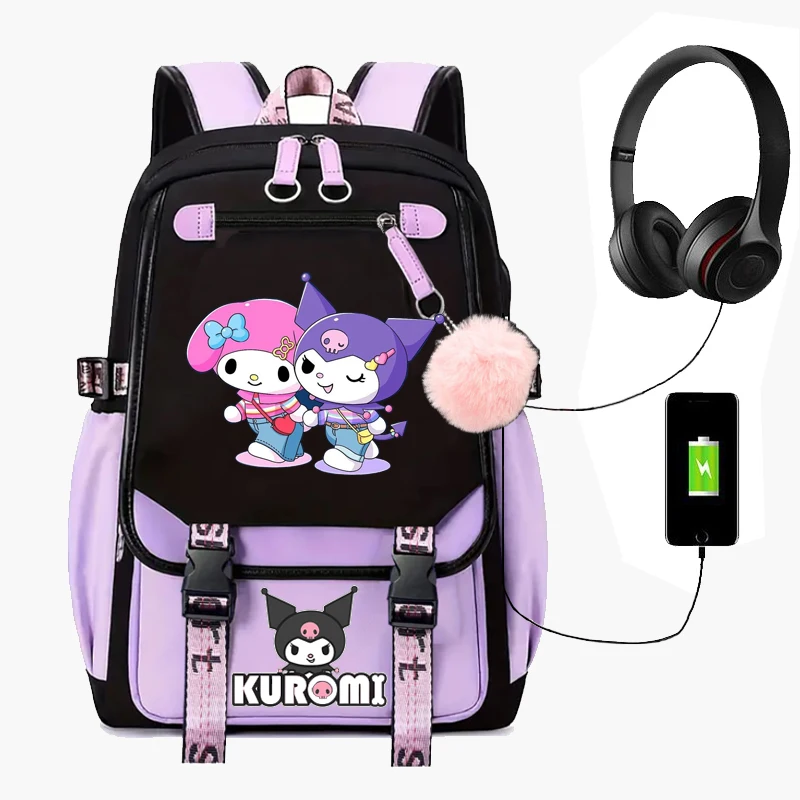 Purple Kuromi tas ransel siswa sekolah menengah, tas kapasitas kasual Laptop perca siswa Mochilas