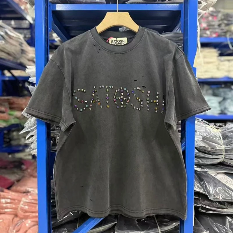 Oversize Satoshi Rhinestone T-shirt Washed Black Destroyed Hole Hip Hop Streetwear Men Women Casual Top