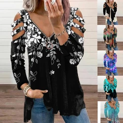 Autumn and Winter Womens Floral Zipper Cold Shoulder T-shirt Ladies Long Sleeve Blouse Tunic Tops High Quality Clothing 2023