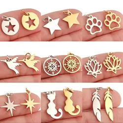 5Pcs/Lot Cat/Devil's Eye/Compass/Puppy Paw Footprint Charms With Jump Ring Stainless Steel Pendants for DIY Jewelry Craft Making
