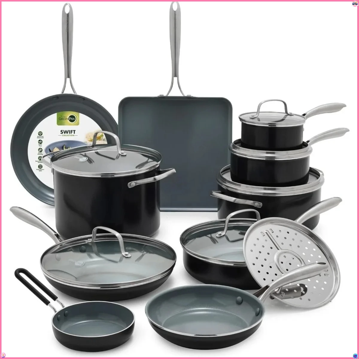 

17-Pc Ceramic Nonstick Cookware Set, Oven Safe to 600°F & Dishwasher Safe, Includes Saute, Stock Pot & Frying Pans