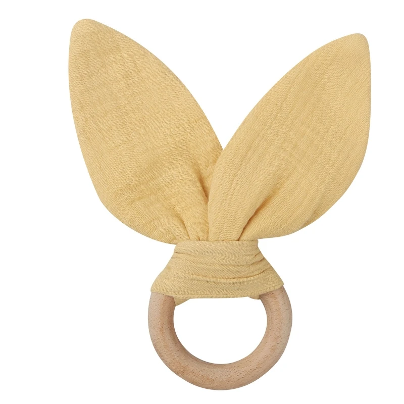 Wooden Baby Teether Cotton Cloth Rabbit Ear Teething Ring Rodent Rattle Toy for Newborn Boys Girls Appease Chewing Gift P31B