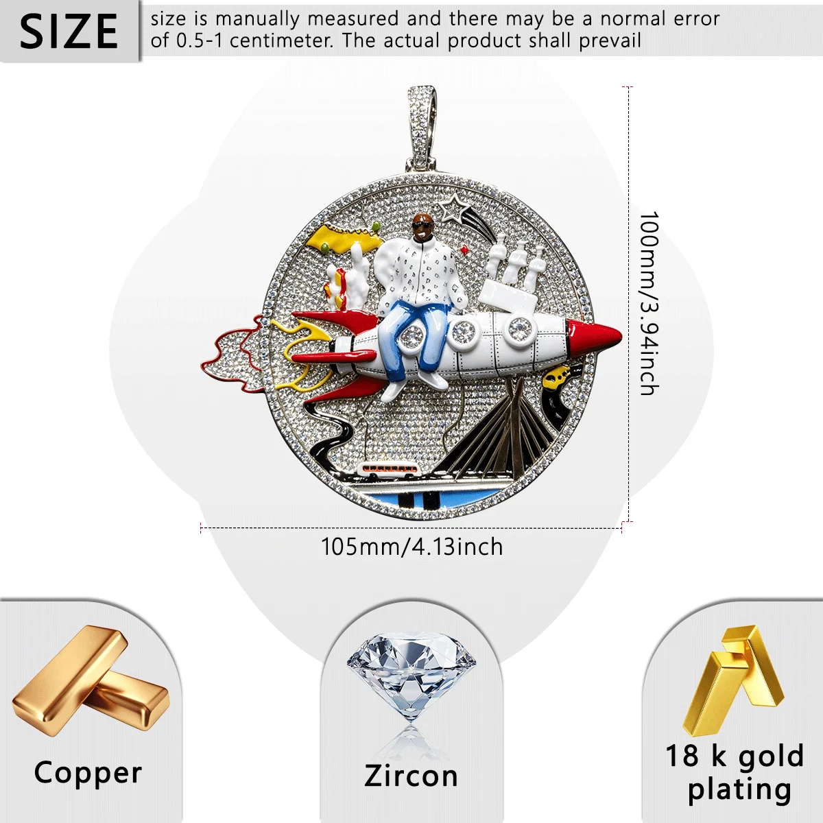 Iced Out Rocket Man Pendant Micro Pave Cubic Zirconia 18K Gold Plated Figure On Rocket Medallion Bling Jewelry Rapper Streetwear Accessory Trendy Icy Statement Charm Gift Hip Hop Culture Lovers Club Wear Necklace Fine Jewelry Gifts for Men Boy Friends