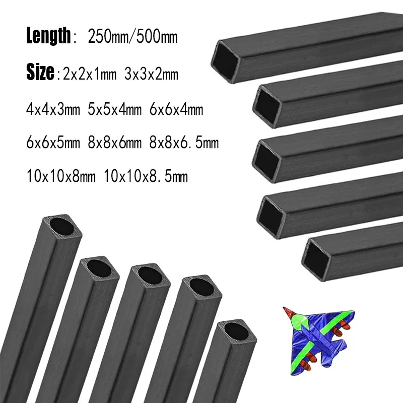 1/2/3Pcs Carbon Fiber Square Tube 1/2/3PCS, Inner Round or Square, 2-10mm X 250/500mm for Drone Frame, DIY Model Building