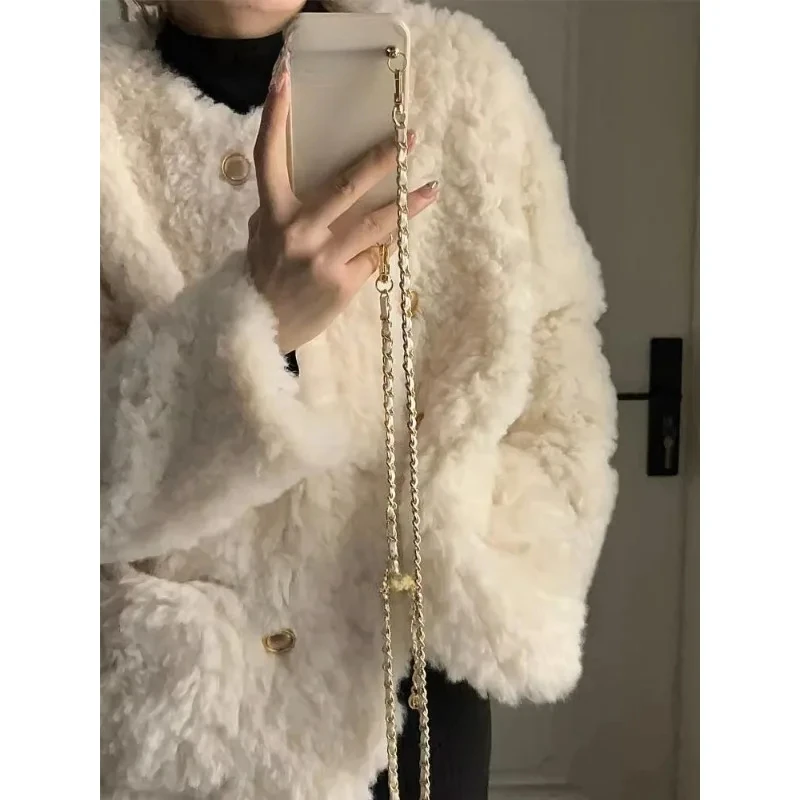 Small Chanel style lamb wool jacket for women 2024 winter new small size loose thickened white fur top cotton coat