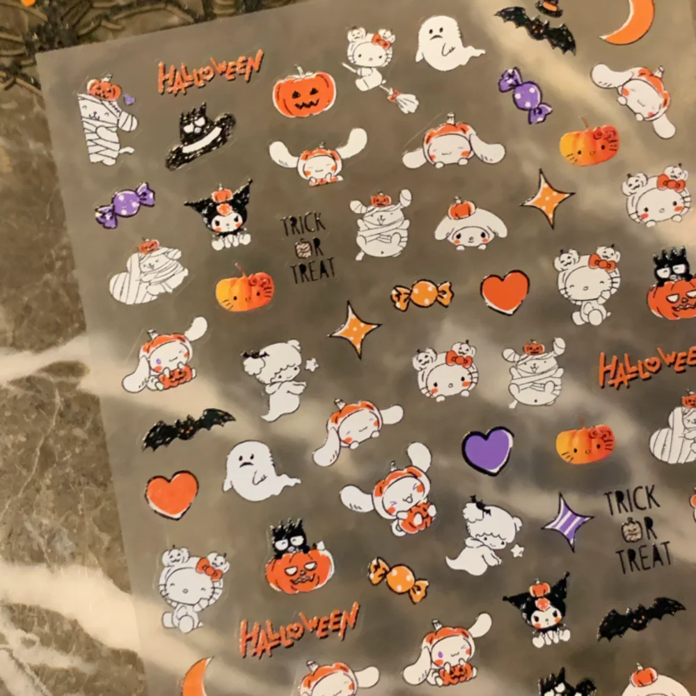 Pegatinas de uñas Sanrio de dibujos animados de colección de Halloween, calcomanías de Anime de HelloKitty Melody Kuromi, decoración de uñas, prensa DIY en uñas