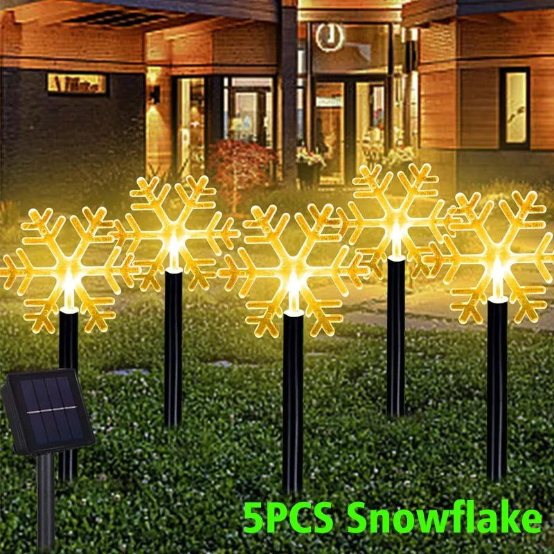 Outdoor Solar Christmas Lights Christmas Snowflake Star Solar Powered Lawn Light Set Of 5 Waterproof Pathway Stake Lights