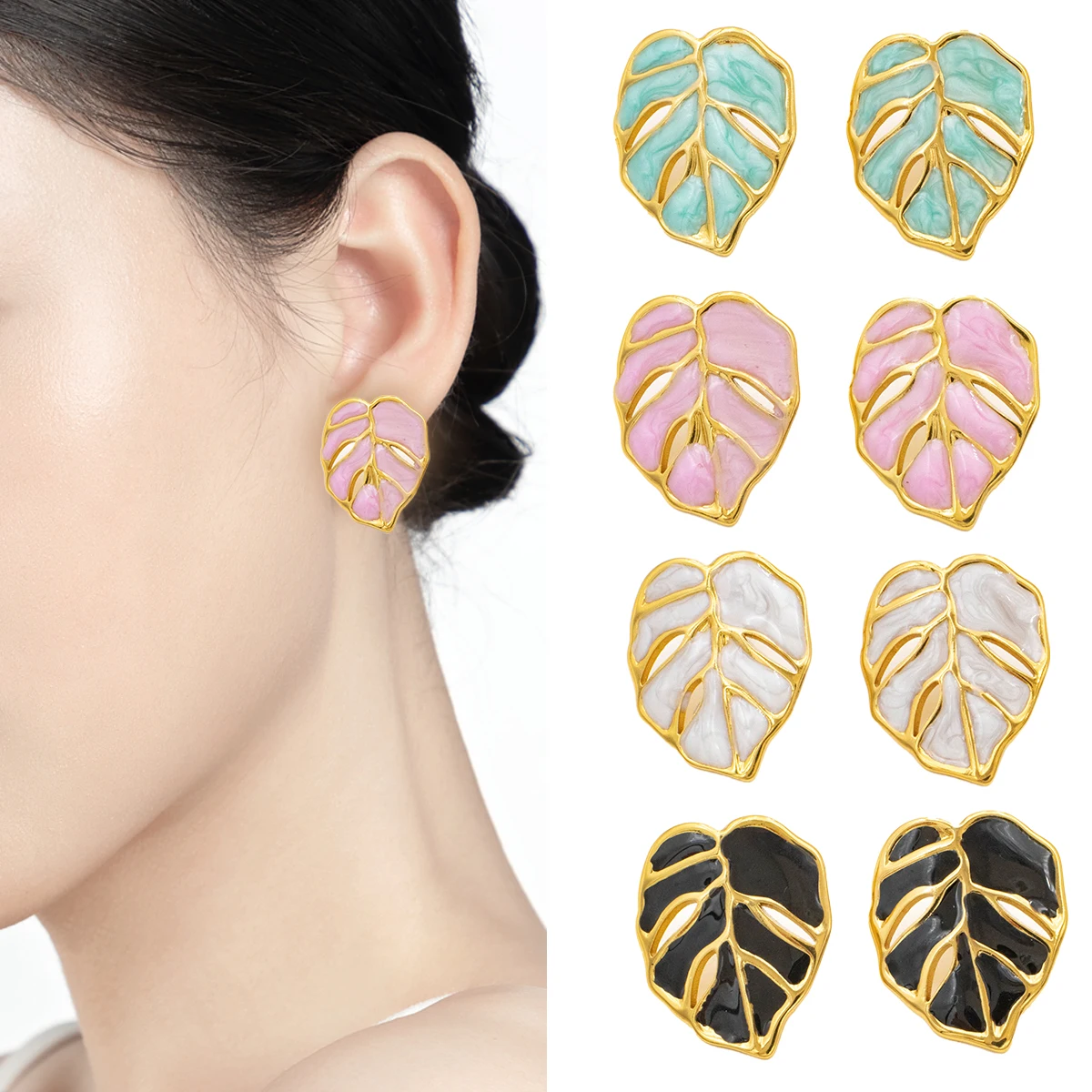 ‌Summer Collection Stainless Steel Foliage Stud Earrings Hypoallergenic Light Luxury Jewelry for Women, for Daily & Party