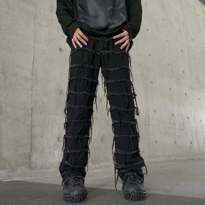 REDDACHIC Patchwork Raw Edge Baggy Jeans Men Retro Black Frayed Straight Wide Leg Pants Casual Hiphop Trousers Dark Punk Clothes