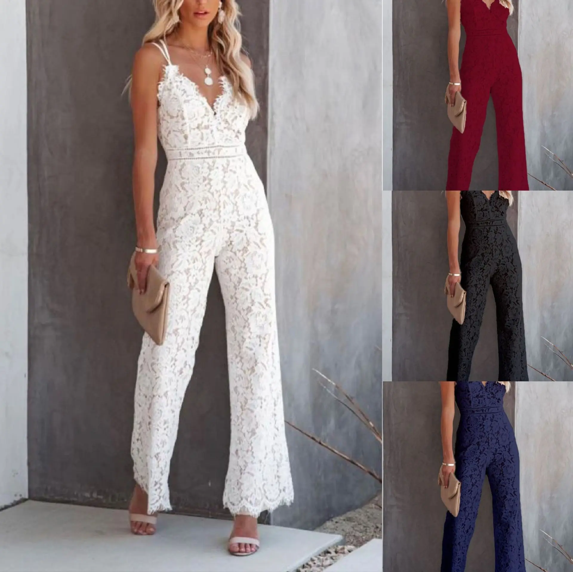 

Summer 2023 Pure Color Lace Splice Sleeveless Casual Suspenders Jumpsuit Low Waist Straight Leg Short Pants Ensemble