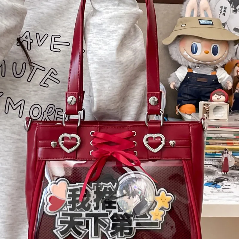 Mesh Bow Itabag Y2K Aesthetic Silver Itabag Transparent Shoulder, Bag Heart Crossbody Kawaii Display Window Plush Show Case Gift