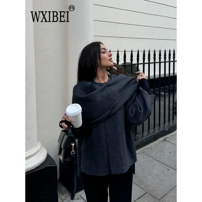 Women Fashion Scarf Decorated Woolen Jacket Casual Solid Long Sleeve Loose Warm Overcoat 2024 Autumn Winter New Lady Chic Coat