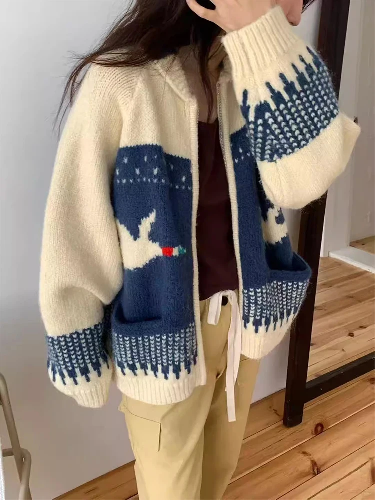 

Korean Chic Autumn Winter New Retro Jacquard Long Sleeved Knitted Cardigan Sweater Jacket for Women