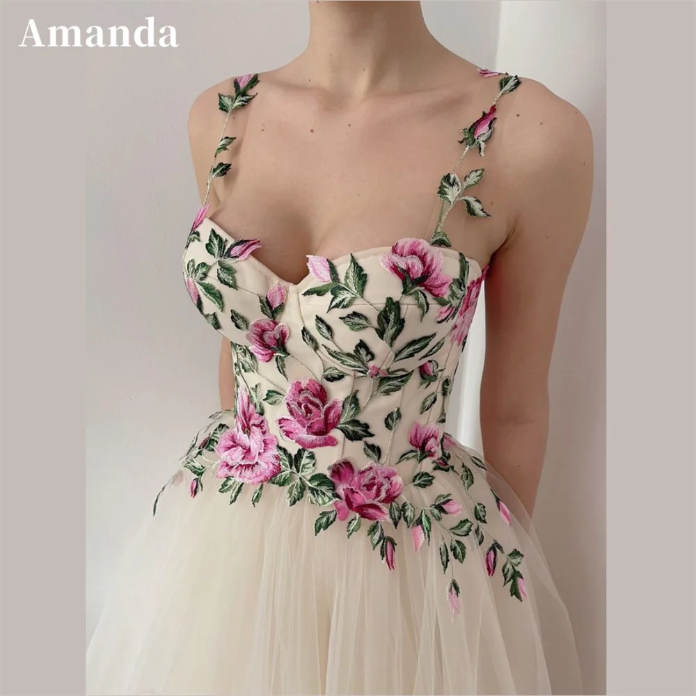 Amanda Elegantly Flower Embroider فساتين سهره فاخره2023 Princess Tulle A-line Prom Dresses Sexy Sleeveless Vestidos De Noche