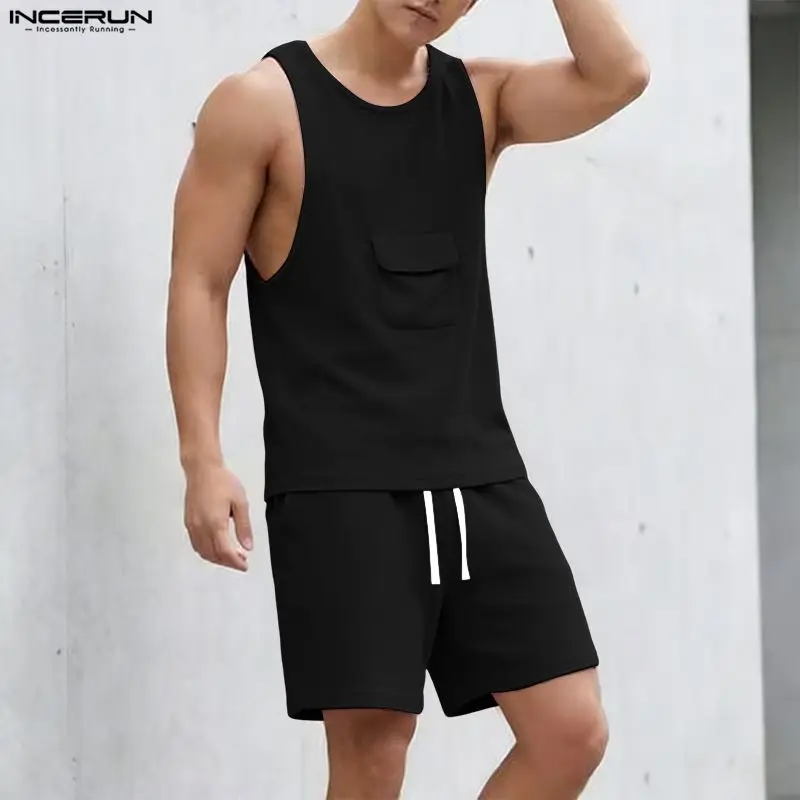 

INCERUN Men's Sets Solid Summer Breathable Sleeveless Tank Tops Shorts 2 Piece Sets Streetwear 2026 Fashion Men Matching Sets