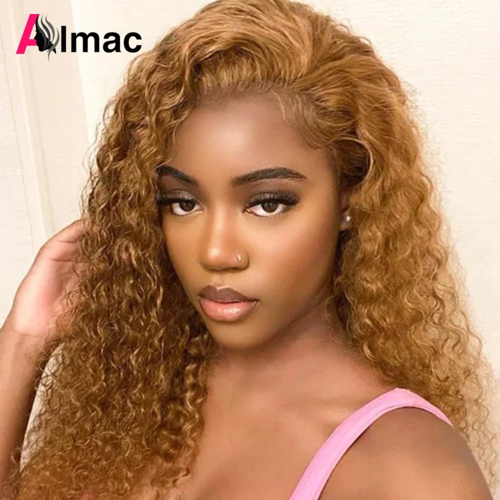 300% Density Kinky Curly Honey Blonde #27 Colored Human Hair Wig Pre-plucked Transparent Lace Front Wigs Baby Hair Color Wigs