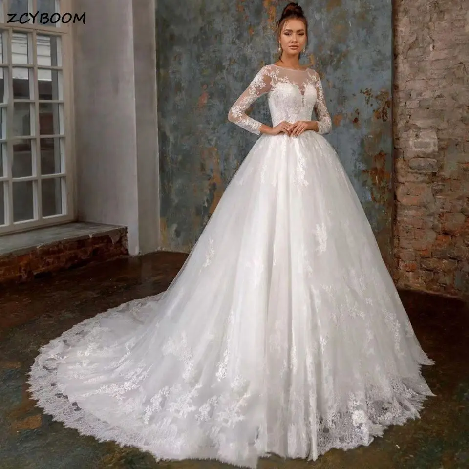 Wunderschöne lange Ärmel A-Linie Brautkleider für Frauen 2025, elegante Illusion, O-Ausschnitt, Tüll-Applikationen, Brautkleider, Vestido De Noiva