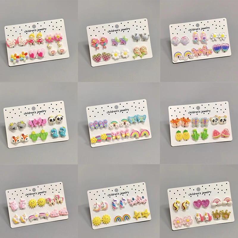 21Styles Non Piercing Clip On Cute Rainbow Unicorn Resin Earrings for Kids Children Girls Christmas Jewelry Gift