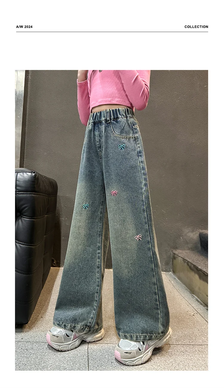 Heißer Verkauf: Modische Jeans mit Schleifenstickerei für Mädchen im Teenageralter, lässige gerade Jeanshose für Teenager, modische Jeanshose für Kinder – Detail 2