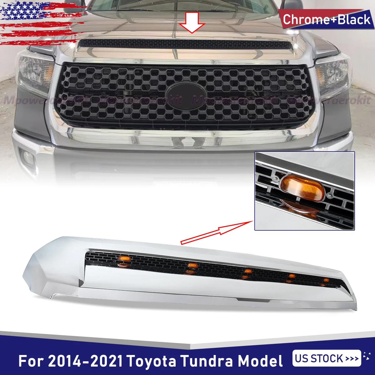 

Chrome Front Upper Hood Bulge Molding Grille with Lights for 2014-2021 Toyota Tundra Front Bumper Upper Grilles Grill