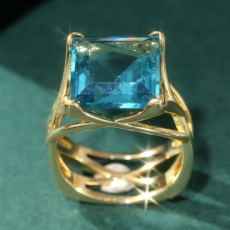 Damen Vintage Luxus Blauer Kubischer Zirkon Ring Vergoldet Eleganter Hochzeits-Jubiläumsring Stilvolles Schmuckzubehör