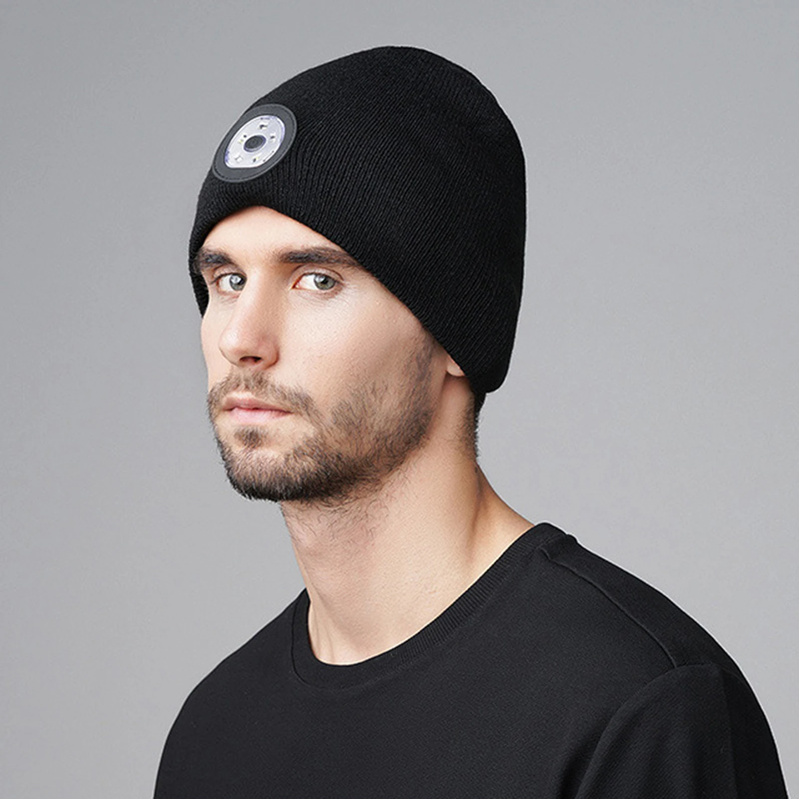 قبعة محبوكة سوداء للجري الليلي وركوب الدراجات مع ضوء LED للجنسين قبعة حرارية شتوية للمصابيح الأمامية للعمل في الهواء الطلق