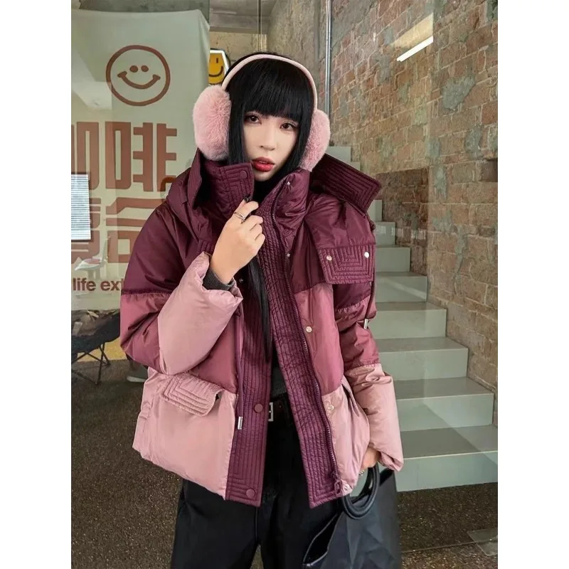 Trendy Women's Cotton Coat New High-end Color Block Fashion Ancora Red Commuter Cotton Jacket Hooded Bread Coat Outerwear