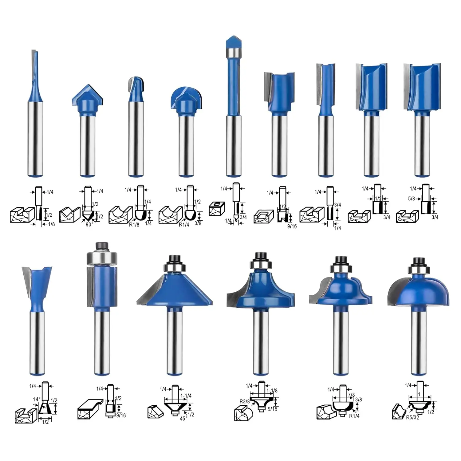 15pcs/set Router Bits 1/4-Inch Shank Tungsten Carbide Milling Cutters 6.35mm for Woodworking Solid Woods Hard Woods Chipboard