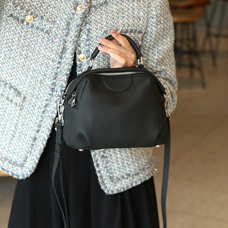 Natural Cowhide Leather Women Large Capacity Apple Shape Casual Shoulder Bag For Ladies Soft Versatile Crossbody Solid Color Bag