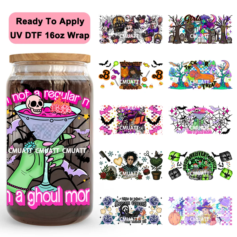

Scary Movies Characters Cartoon Halloween 16OZ UV DTF Cup Wraps Ready To Apply Waterproof Transfer Stickers For Libbey Glass Can