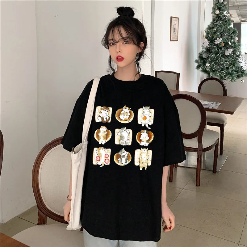 New Summer Cartoon Cute Funny Cats Graphic Print Women's T-shirt Harajuku Casual Round Neck Short-sleeved Tops Unisex