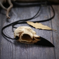Beige Antique Large Crow Skull Pendant Necklace Cast Resin Replica 3.5\