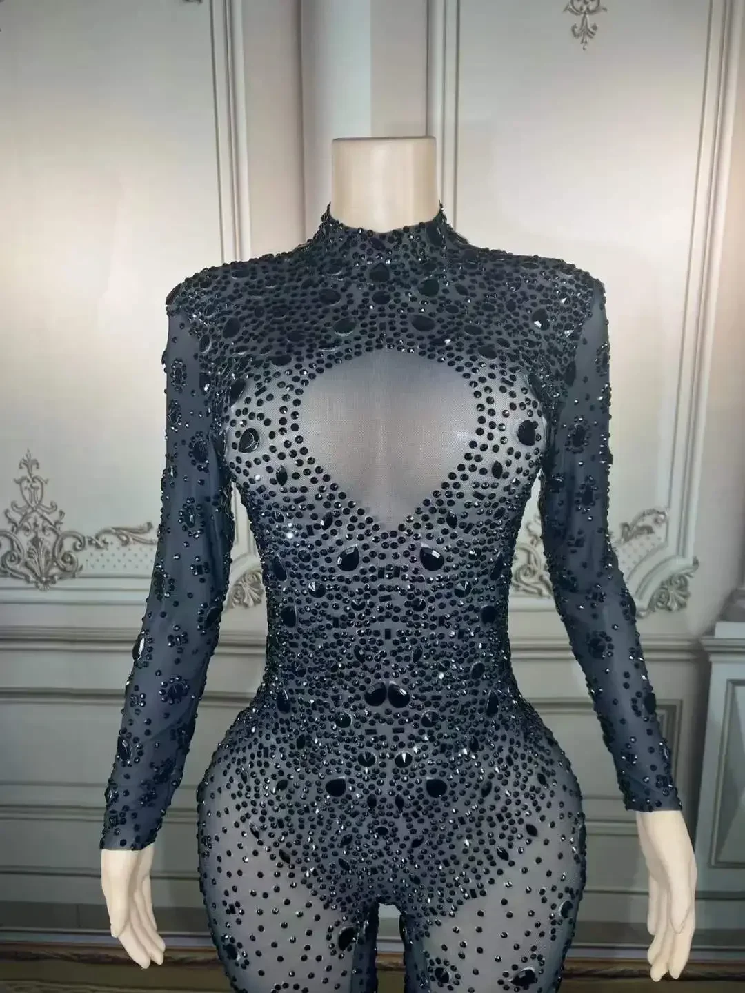 Combinaisons de danse scintillantes à manches longues pour femmes, strass, spectacle sur scène, Drag Queen, tenue d'anniversaire, barboteuse avec pierres précieuses