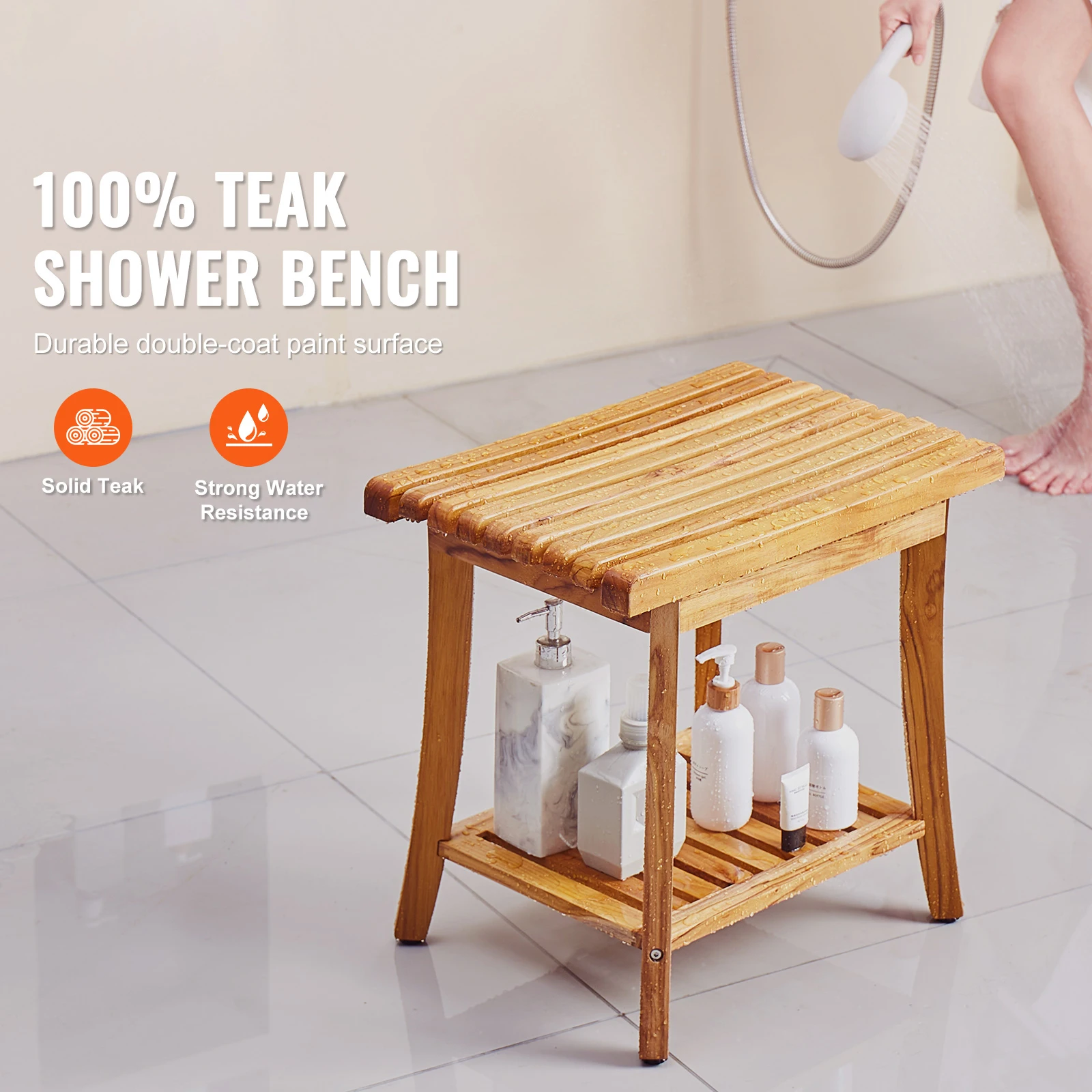 Teak Shower Bench, 20 x 14.3 x 17.9 in, 400 lbs Maximum Load Capacity Shower Chair Seat, Waterproof Wood Shower Stool with Storage Shelf Non-Slip Foot Pads