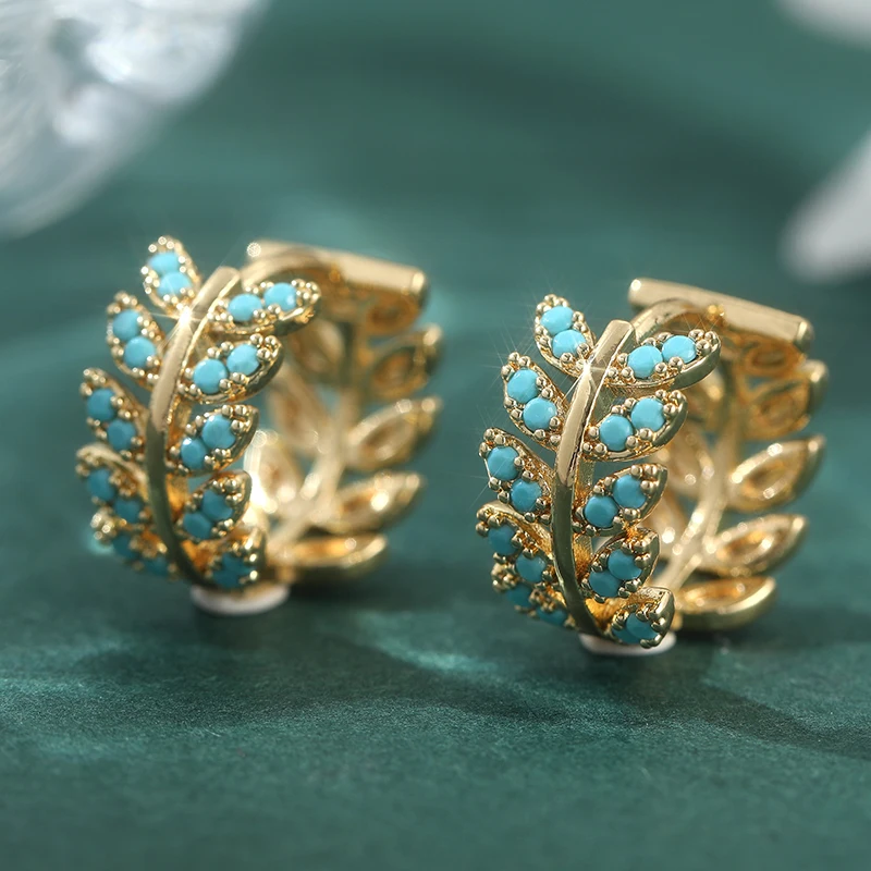 Blumenranken-Ohrringe in Blattform mit Türkis-Einlage, Brillante Ohrringe für Damen, Eleganter Brautschmuck für Hochzeiten