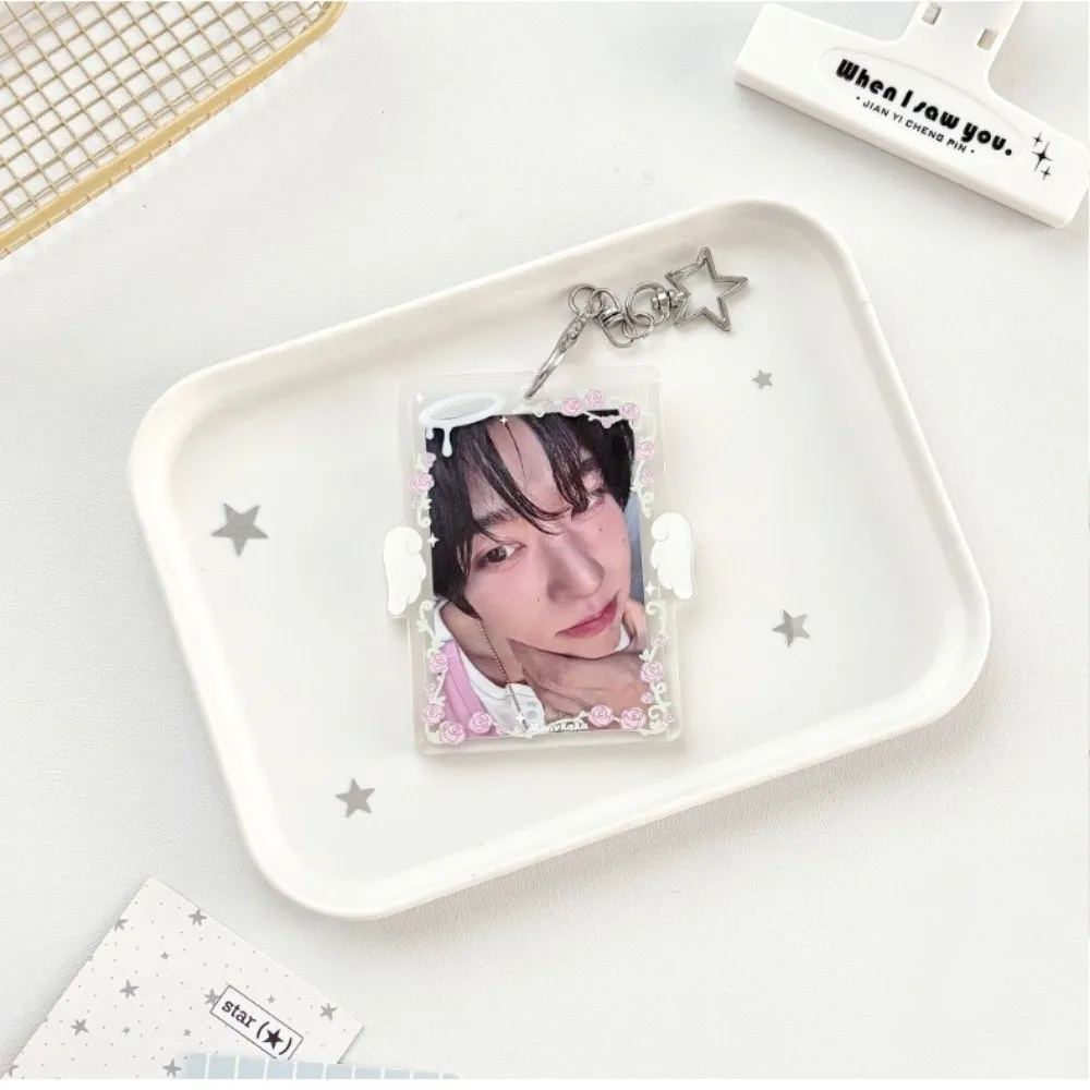 Rose Pattern Acrylic Card Holder Angel Wings Star Clip Photocard Organizer Double Sided Display Clear Acrylic Keychain Charm